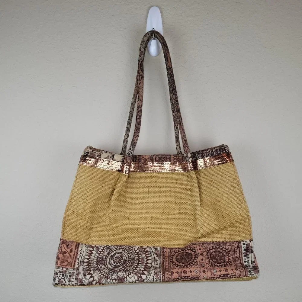 Woven Straw Tote with Paisley Trim - Yellow & Brown